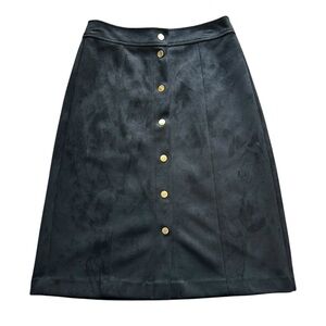 LOFT Women’s Black Faux Suede Snap Front A-Line Midi Skirt‎ Size 2